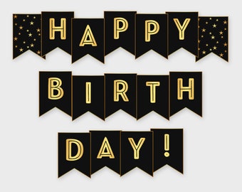 Happy Birthday Printable Banner, Black & Gold - Birthday Party - Printable PDF, DIY Print, Instant Download - #GWR