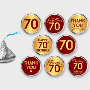 70th Birthday Hershey Kisses Labels, Red & Gold / Kisses Sticker / DIY Print, Printable PDF, Instant Download - #GWR