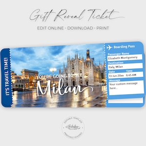 Milan Travel Ticket, Italien Geschenkticket, kundenspezifisches Flugticket, Milan Boarding Pass/DIY Print, bearbeitbare Vorlage