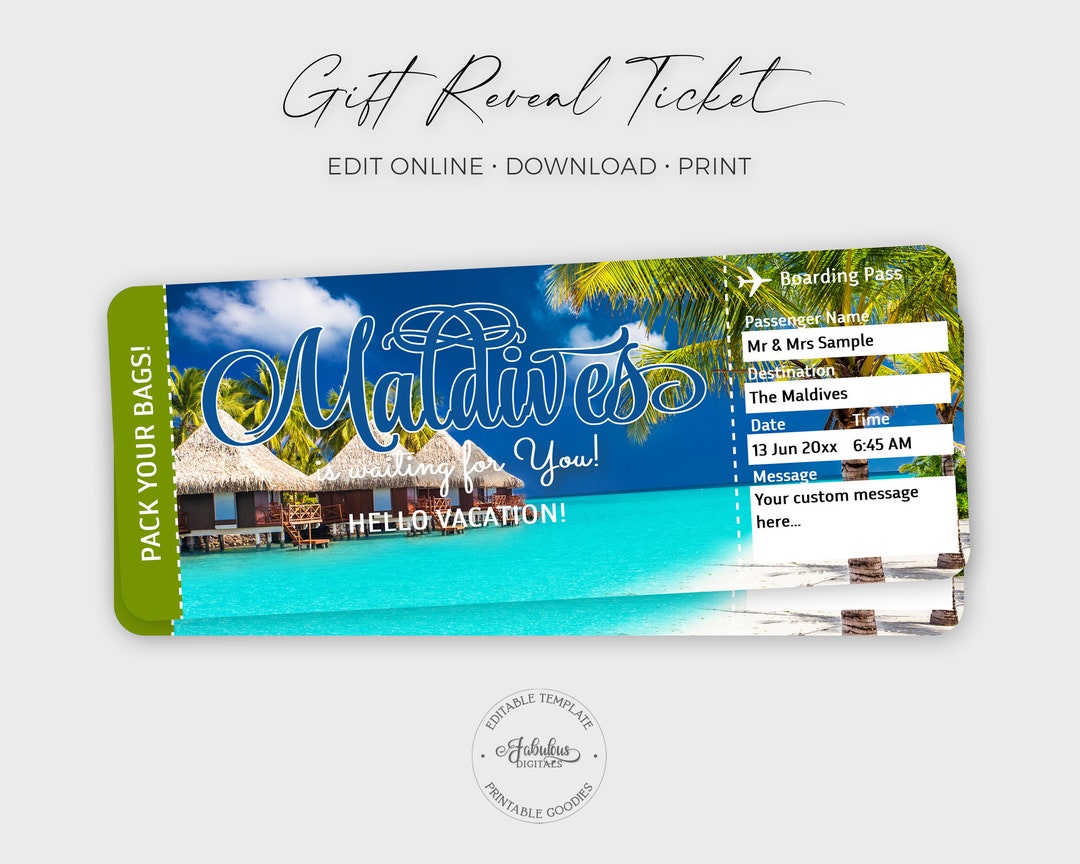 Maldives Travel Ticket, Maldives Gift Ticket, Airplane Ticket Blue