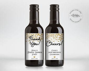 Gold Confetti Glitter Mini Wine Labels - Custom Party Favor, Mini Wine Labels - DIY Print, Editable Template - #4CG