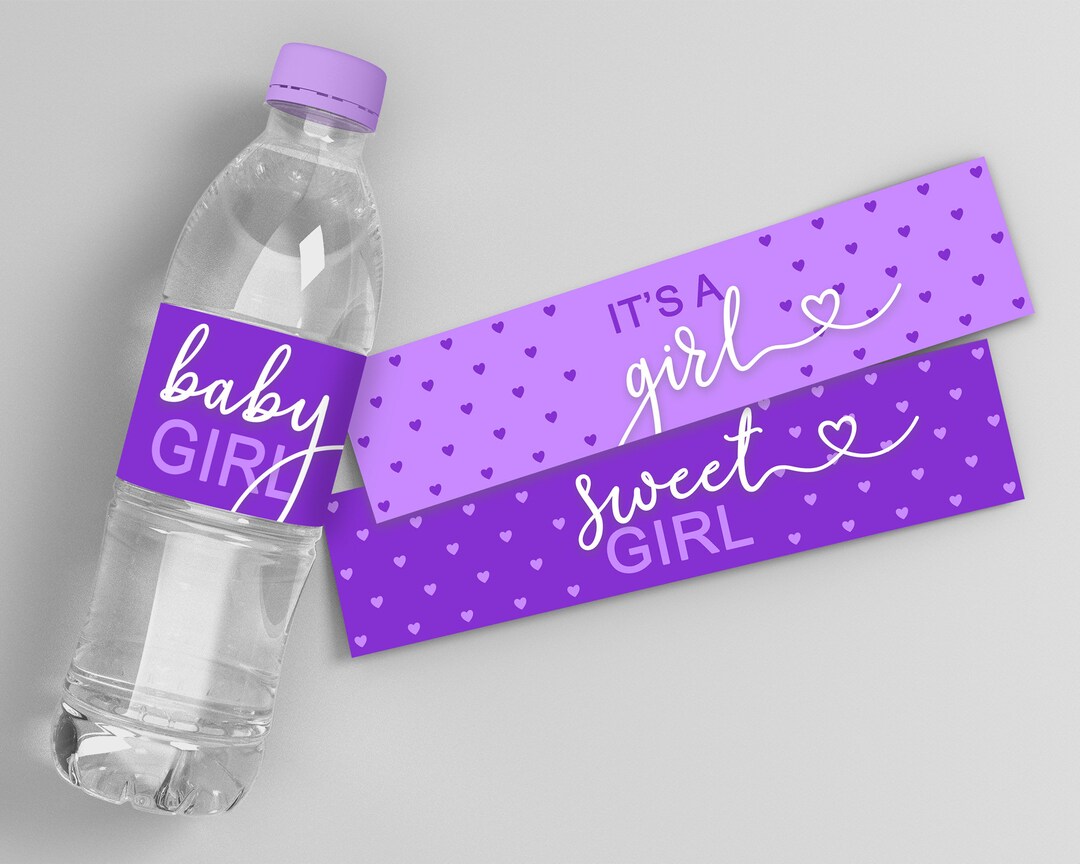 Baby Shower Water Bottle Labels Purple Hearts Baby Girl Water Labels