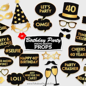 40th Birthday Photo Booth Props, Black & Gold / Photo Booth Party Props / Printable PDF, Instant Download - #GWR