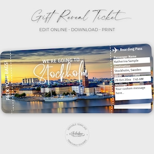 Billet de voyage pour Stockholm, billet cadeau Stockholm, billet d'avion, carte d'embarquement pour Stockholm / impression DIY, modèle modifiable