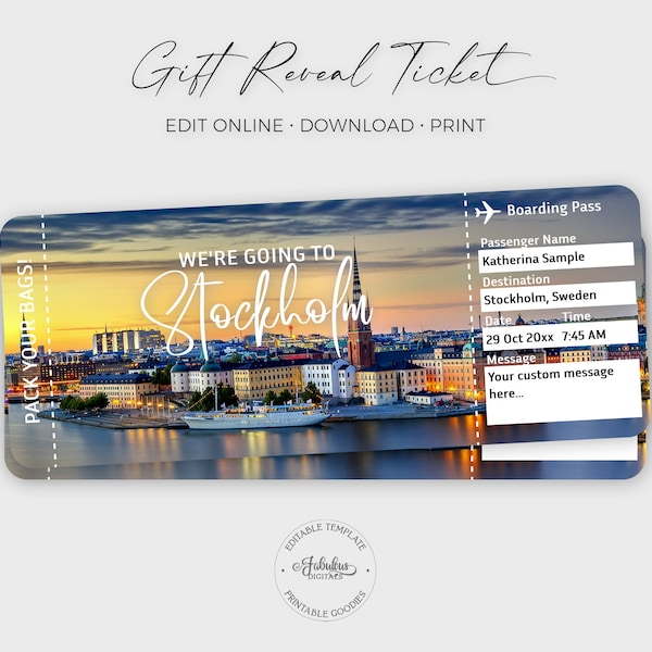 Stockholm Travel Ticket, Stockholm Gift Ticket, Airplane Ticket, Stockholm Boarding Pass / DIY Print, Editable Template