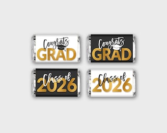 Afstuderen 2026 mini snoeplabel, klasse van 2026 snoepverpakking - zwart-wit en goud - afdrukbare pdf, direct downloaden - #GFC