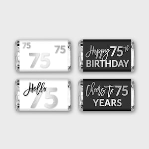 75th Birthday Mini Candy Wrapper, Mini Candy Label - Black-White & Silver Foil - Printable PDF, Instant Download - #SFC