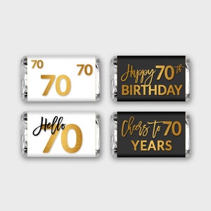 70th Birthday Mini Candy Wrapper, Mini Candy Label - Black-White & Gold Foil - Printable PDF, Instant Download - #GFC