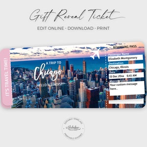 Billet de voyage Chicago, billet cadeau Chicago, billet d'avion personnalisé, carte d'embarquement Chicago / impression DIY, modèle modifiable