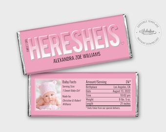 HERESHEIS - Birth Announcement Photo Candy Bar Wrapper, Baby Girl Chocolate Label - Editable Template, Instant Download