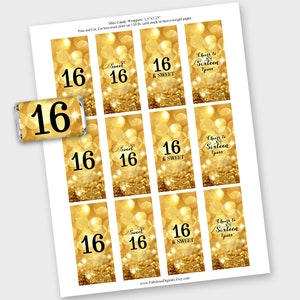 Sweet Sixteen Gold Bokeh Mini Candy Bar Wrapper, 16th Birthday, Sparkle ...
