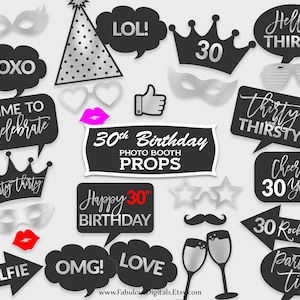 30th Birthday Photo Booth Props / Birthday Party Props / Black & Silver Foil / Printable PDF, Instant Download - #SFC