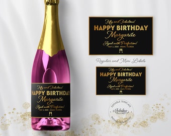 Birthday Champagne Bottle Labels, Full and Mini Labels - Black & Gold - Editable Template, Instant Download - #GWR