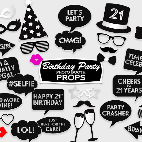 21st Birthday Photo Booth Props, Black & Silver / Photo Booth Party Props / Printable PDF, Instant Download - #GWR