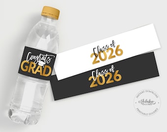 Afstuderen waterflesetiketten, klasse van 2026 - zwart-wit en goud - afdrukbare pdf, doe-het-zelfprint, direct downloaden - #GFC