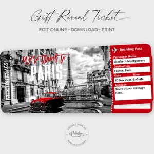 Billet de voyage à Paris, billet d'avion personnalisé, carte d'embarquement pour Paris, Tour Eiffel/impression DIY, modèle modifiable