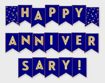 Happy Anniversary Printable Banner, Navy & Gold - Anniversary Party - Printable PDF, DIY Print, Instant Download - #GWR