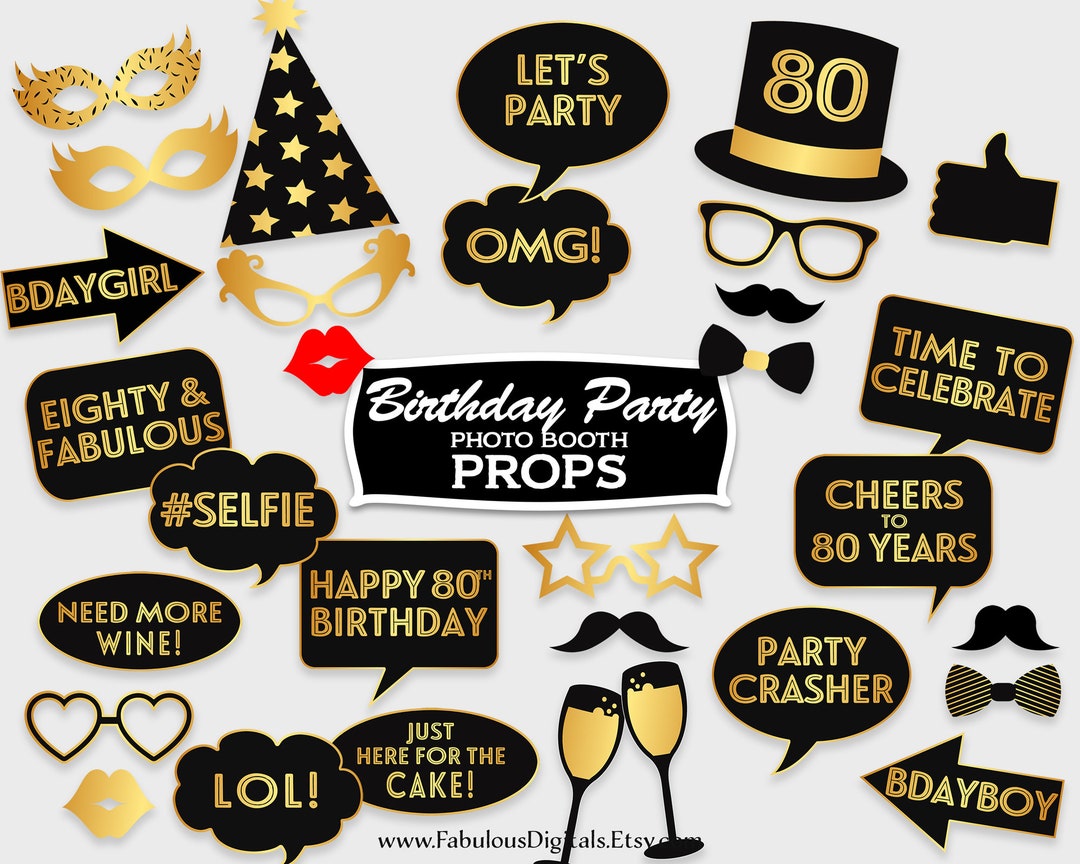 80th Birthday Photo Booth Props, Black &amp; Gold / Photo Booth Party Props ...
