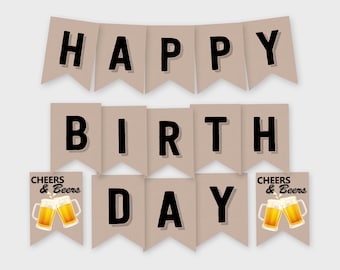 Happy Birthday Printable Banner, Cheers & Beers - Birthday Party Decoration - Printable PDF, Instant Download