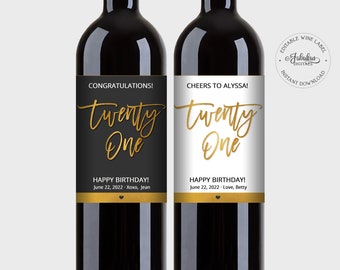 21st Birthday Wine Labels - Happy Birthday, Black-White & Gold Foil - Editable Template, Instant Download - #GFC