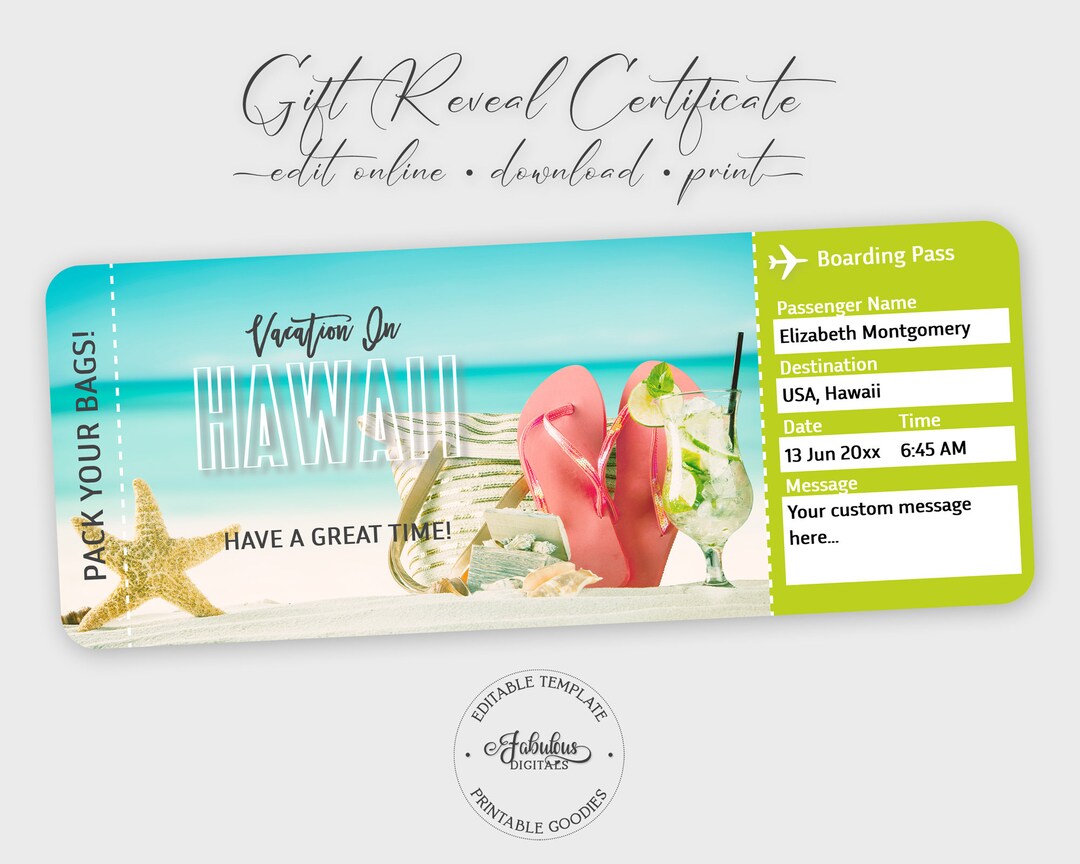 Hawaii Vacation Ticket Custom Airplane Ticket Hawaii Etsy