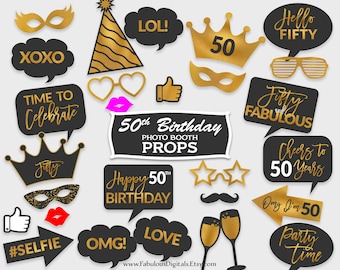 50th Birthday Photo Booth Props / Birthday Party Props / Black & Gold Foil / Printable PDF, Instant Download - #GFC