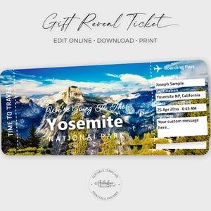 Billet de voyage pour le parc national de Yosemite, billet d'avion personnalisé, billet cadeau Yosemite / impression DIY, modèle modifiable