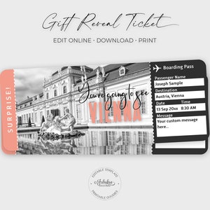 Billet de voyage pour Vienne, billet cadeau Vienne, billet pêche-noir personnalisé, carte d'embarquement pour Vienne / impression DIY, modèle modifiable