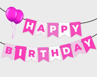 Hot Pink Happy Birthday Printable Banner - Pink Party Banner - Printable PDF, DIY Print, Instant Download
