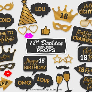 18th Birthday Photo Booth Props / Eighteenth Party Props / Black & Gold Foil / Printable PDF, Instant Download - #GFC