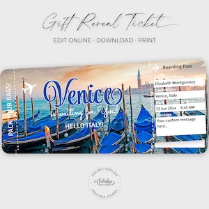 Billet de voyage pour Venise, billet cadeau Venise, billet d'avion personnalisé, carte d'embarquement pour Venise / impression DIY, modèle modifiable