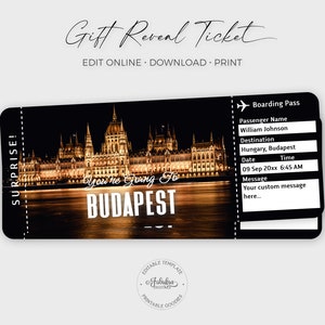 Budapest Travel Ticket, Budapest Gift Ticket, Budapest Parliament - Boarding Pass / DIY Print, Editable Template