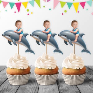 Décoration pour cupcakes visage personnalisé avec dauphin, décoration personnalisée pour cupcakes d'anniversaire avec photo de dauphin - fichier numérique, impression DIY