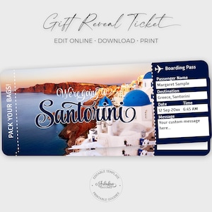 Billet de voyage pour Santorin, billet-cadeau pour la Grèce, billet d'avion personnalisé, carte d'embarquement pour Santorin / impression DIY, modèle modifiable