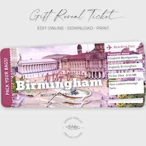 Billet de voyage pour Birmingham, carte d'embarquement pour Birmingham, billet cadeau personnalisé pour Birmingham / impression DIY, modèle modifiable
