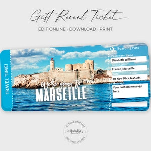 Billet de voyage Marseille, billet cadeau Marseille, billet d'avion, carte d'embarquement Marseille / impression DIY, modèle modifiable
