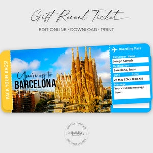 Barcelona Travel Ticket, Barcelona Boarding Pass, Custom Gift Ticket, Spain Travel Ticket / DIY Print, Editable Template