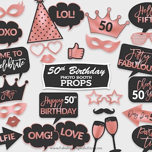 50th Birthday Photo Booth Props / Birthday Party Props / Black & Rose Foil / Printable PDF, Instant Download - #RFC
