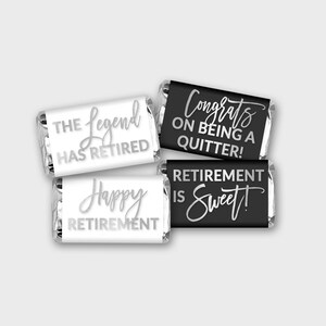 Mini involucro per caramelle Happy Retirement, mini etichetta per caramelle, lamina in bianco-nero e argento - PDF stampabile, download istantaneo - #SFC
