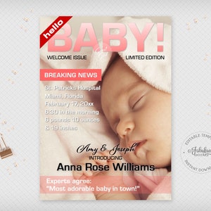 Faire-part de naissance bébé fille, couverture de magazine, faire-part imprimable en poudre, modèle modifiable, téléchargement immédiat