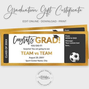 Soccer Graduation Gift Ticket, Class of 2025, Black-White & Gold Foil / DIY Print, Editable Template - #GFC