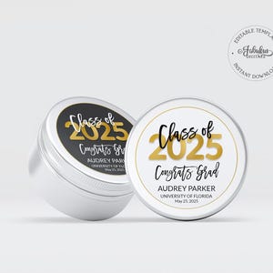 Graduation Stickers, Class of 2025, Circle Party Labels, Black-White & Gold Foil - DIY Print, Editable Template - #GFC