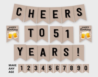 Cheers to XY Years! Any Age Birthday Banner, Cheers & Beers, Birthday Party Decoration - Printable PDF, Instant Download