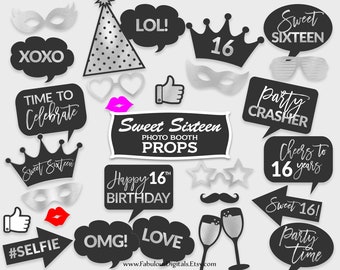 16th Birthday Photo Booth Props / Sweet 16 Party Props / Black & Silver Foil / Printable PDF, Instant Download - #SFC