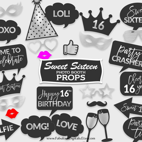 16th Birthday Photo Booth Props / Sweet 16 Party Props / Black & Silver Foil / Printable PDF, Instant Download - #SFC