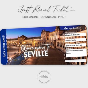 Sevilla-reisticket, Sevilla-cadeaubon, instapkaart Sevilla, reisticket Spanje / DIY-print, bewerkbare sjabloon