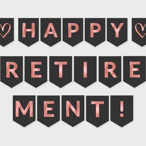 Happy Retirement Printable Banner / Black & Rose Foil Flags / Printable PDF, DIY Print, Instant Download - #RFC