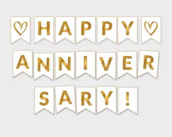 Happy Anniversary Printable Banner / White & Gold Foil Flags / Printable PDF, DIY Print, Instant Download - #GFC