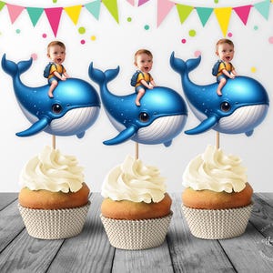 Whale Custom Face Cupcake Topper, Personalized Boy Riding a Whale Photo Birthday Cupcake Toppers - Digital File, DIY Print