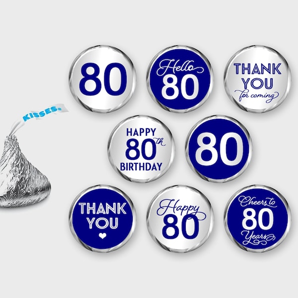 80th Birthday Hershey Kisses Labels, Navy & Silver / Kisses Sticker / DIY Print, Printable PDF, Instant Download - #GWR